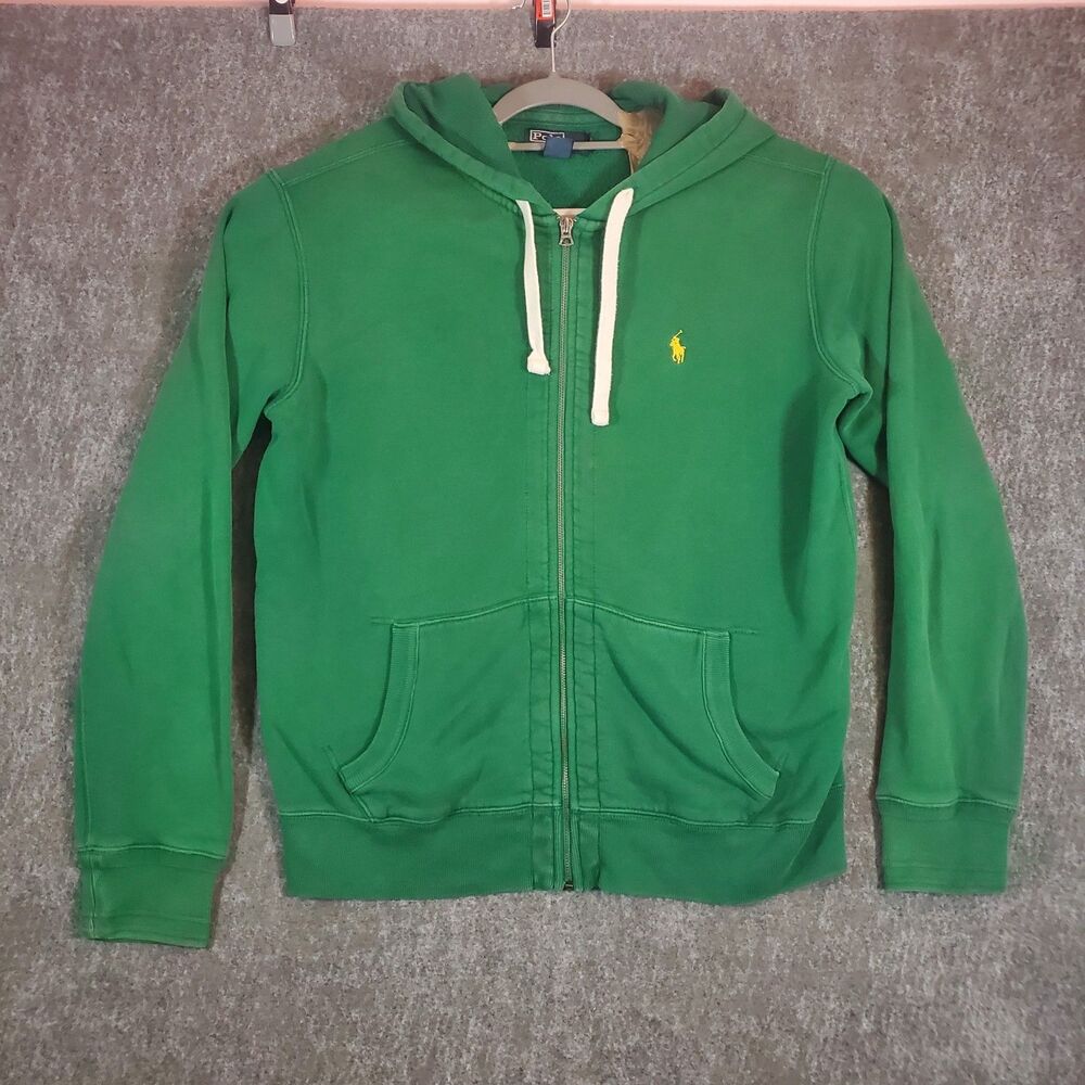Vintage Polo Ralph Lauren Men's L Green Y2K Distressed Zip Hoodie Yellow Pony
